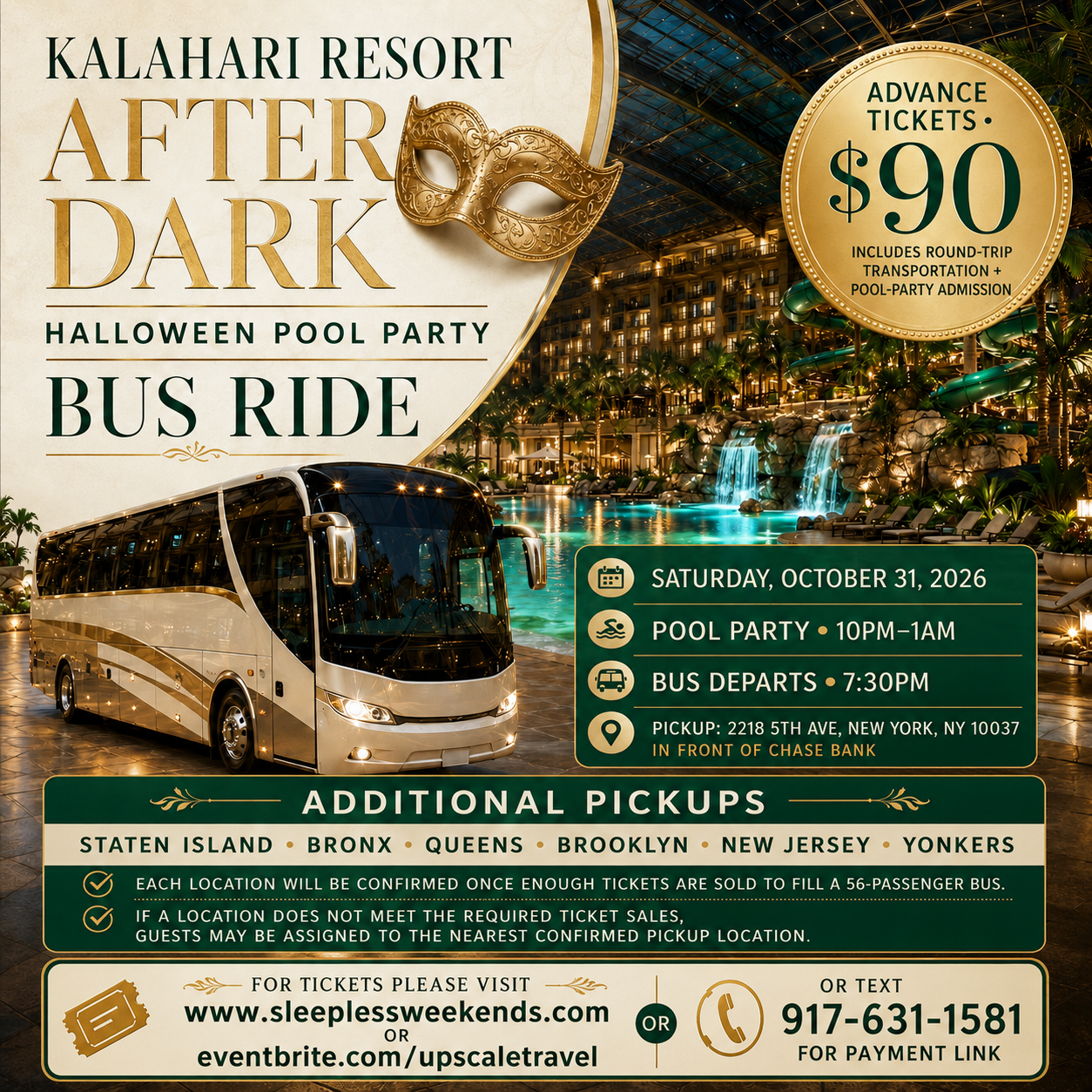 Kalahari Halloween after dark pool party busride Sat Oct 31