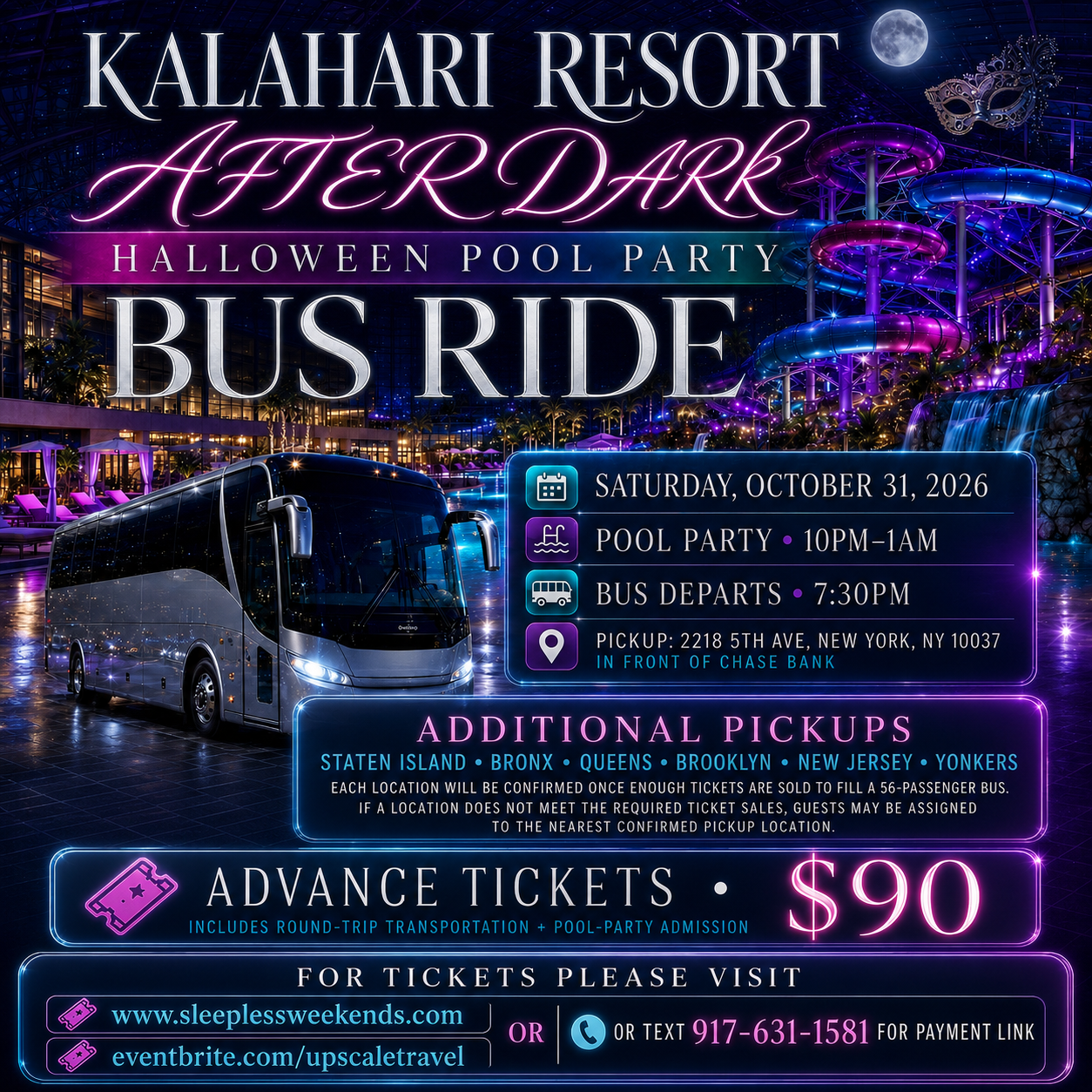 Kalahari Halloween after dark pool party busride Sat Oct 31
